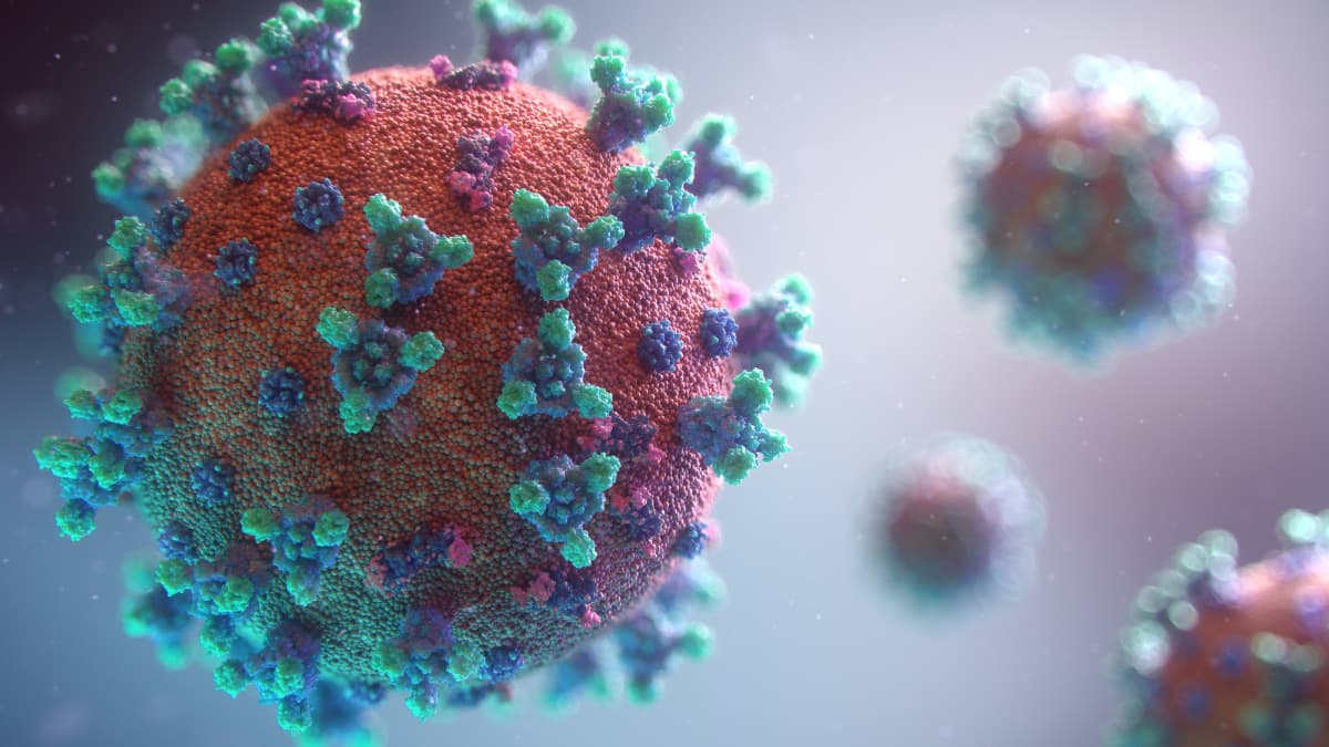 Digital illustration of coronavirus particles with spike proteins
