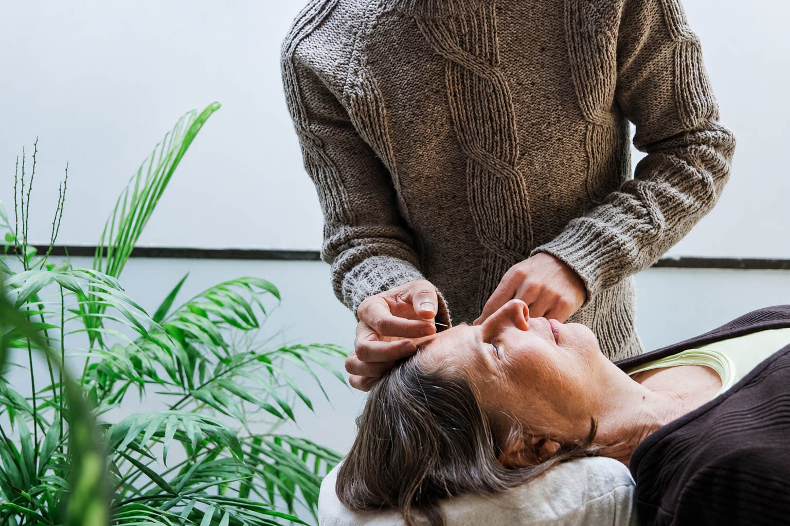 A practitioner inserting an acupuncture needle near a patient's temple, with a potted plant in the foreground
